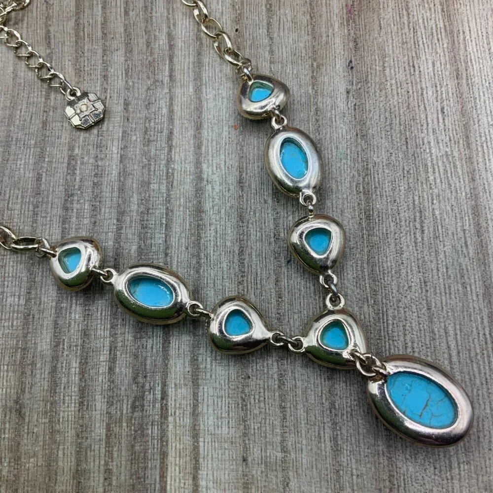 Monet Faux Turquoise Stone  Gold Tone Y  Necklace